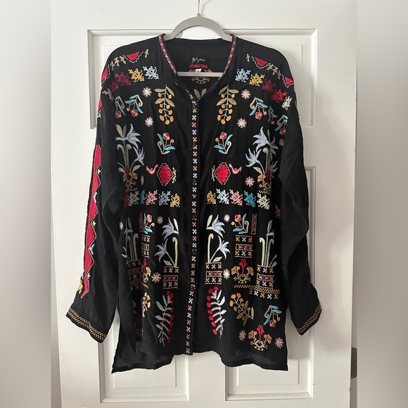 Johnny Was Tops - Biya Johnny Was 100% Silk Embroidered Button Down Long Sleeve Kingsley Blouse